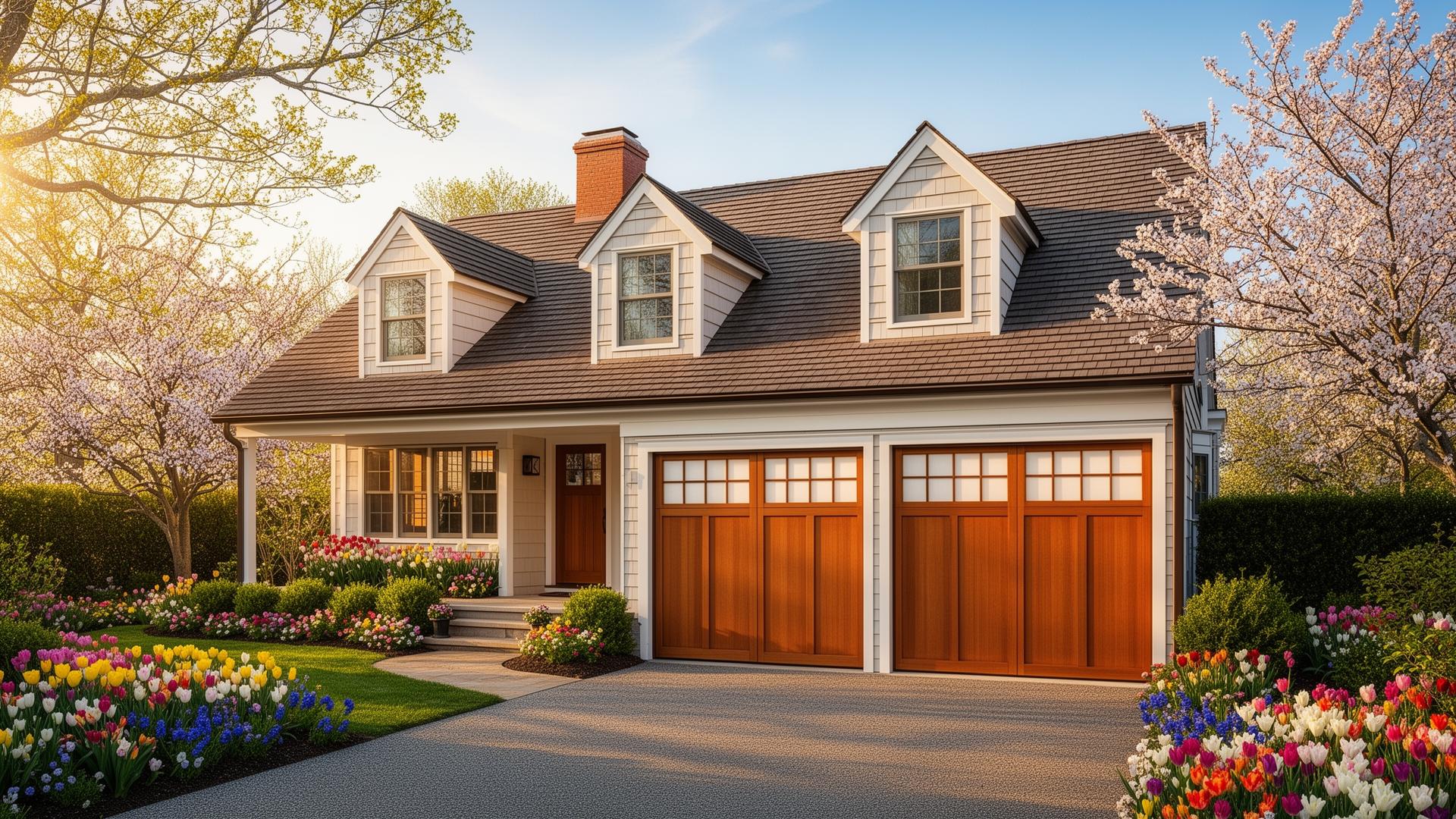 Beautiful Cape Cod home with Asian inspired garage doors featuring shoji screen panels